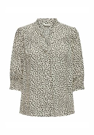 Μπλούζα με κουμπιά από ελαφρύ ύφασμα, σε κρεμ βάση με διασκορπισμένα μαύρα στίγματα, δομημένος γιακά και ελαστικά μανίκια 3/4.