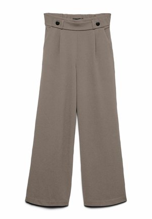 Wide-leg trousers in a soft gray fabric, featuring two black button accents at the waist and a smooth texture with front pleats.