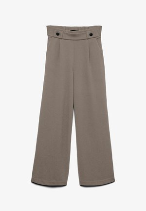 Videbukser i mykt grått stoff, med to svarte knappdetaljer i livet og en jevn tekstur med frontplisseringer.