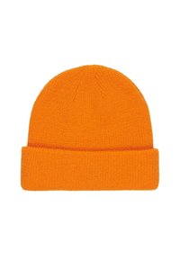 Knitted orange beanie hat with a folded cuff, featuring a textured finish and slight pattern details at the top.