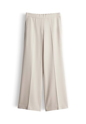 Beige, weit geschnittene Hosen aus glattem Stoff, mit hohem Bund und zwei Fronttaschen. Einheitliche Farbe, minimalistische Design-Details.