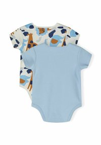 Two baby bodysuits: one features a light blue color, the other has a patterned design with animals in blue, orange, and cream against a white background.