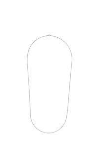 Collar en tono plateado con una delicada cadena delgada. Textura suave, cierre circular y un diseño minimalista, adecuado para llevar en capas o como pieza única.