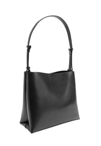 Czarna skórzana torebka o gładkiej fakturze, minimalistycznym designie i elastycznym pasku na ramię. Posiada szerokie otwarcie i miękkie krawędzie.