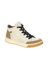 High-top sneakers made of white leather with tan suede accents. Black laces, rubber sole, and a textured toe cap design.