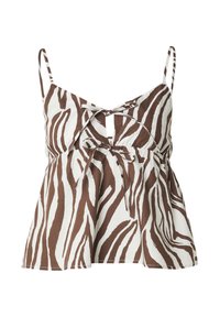 Bruin en wit zebra print tanktop met dunne bandjes, een gedraaide voorkant en een losse pasvorm, met een gestrikt detail op de taille.