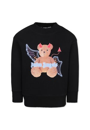 Felpa nera con un'immagine di un orsetto di peluche con corna di diavolo e ali. Testo "Palm Angels" in blu sotto l'orsetto.