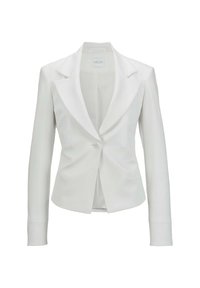 Weißer Blazer aus glattem Stoff, mit Reverskragen, Einzelknopfverschluss und zwei Vordertaschen. Lange Ärmel mit taillierter Passform.