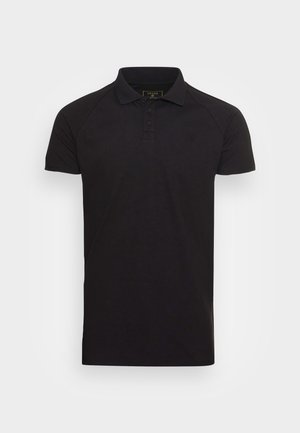 Black polo shirt with short sleeves, made of cotton, featuring a traditional collar and a small logo on the chest. Clean design.