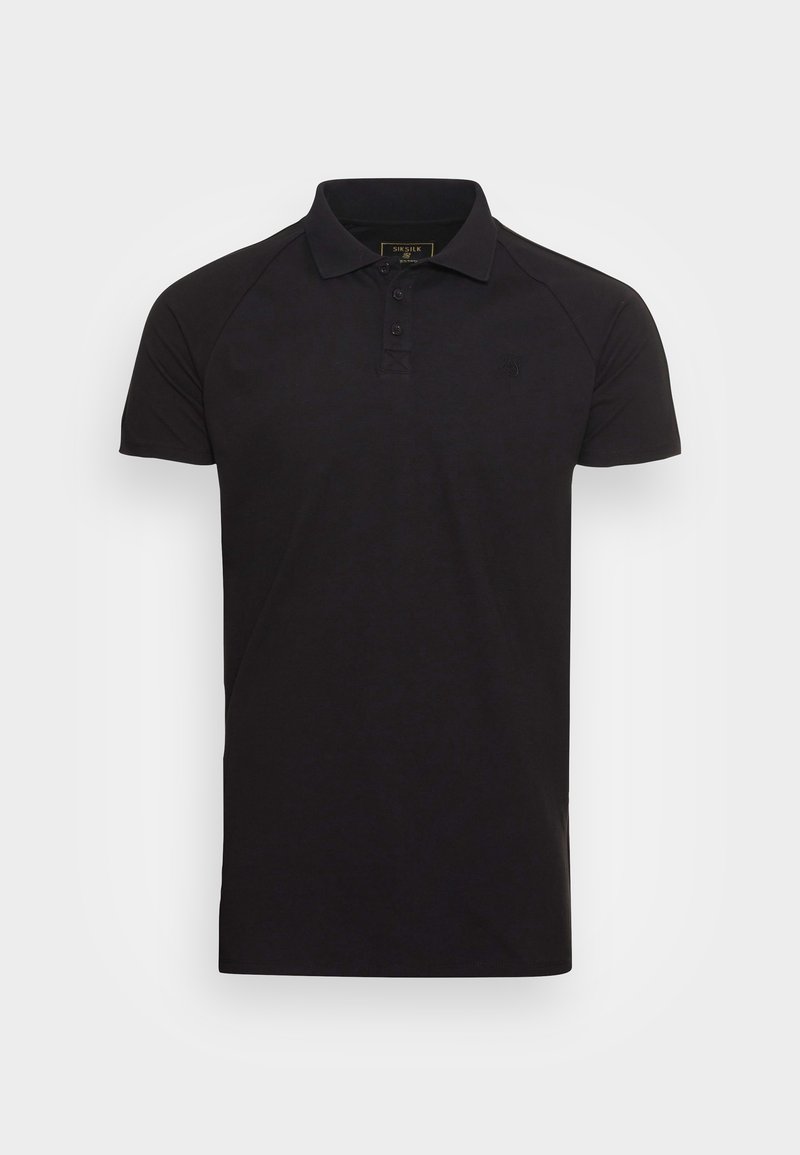 Polo noir à manches courtes, en coton, avec un col traditionnel et un petit logo sur la poitrine. Design épuré.