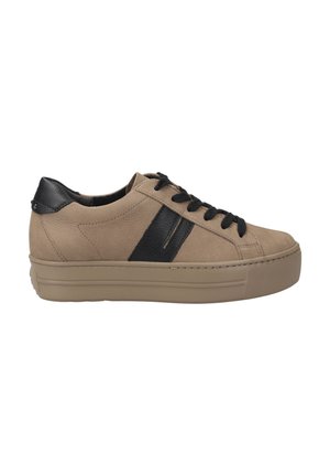 Beige suede sneaker with a black leather accent stripe, round toe, and black laces. Features a thick tan rubber sole for added height.