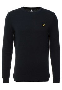 Maglione girocollo blu realizzato in tessuto a maglia. Presenta un orlo e polsini a coste, con un piccolo logo giallo ricamato sul petto.