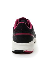 Black and pink athletic shoe with a textured upper, padded collar, and white midsole. Features subtle detailing in the heel and outsole.