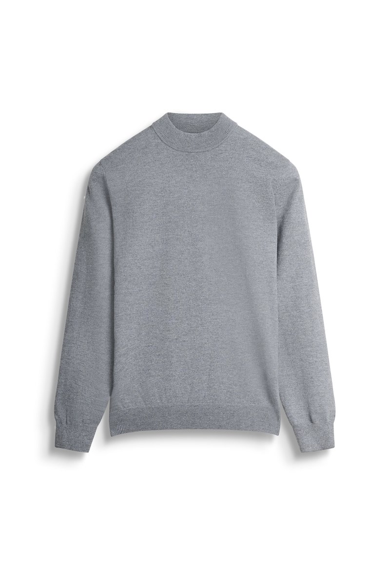 Felpa grigia chiaro con maniche lunghe, polsi a coste e colletto alto. Tessuto liscio, vestibilità classica e design minimalista senza decorazioni.