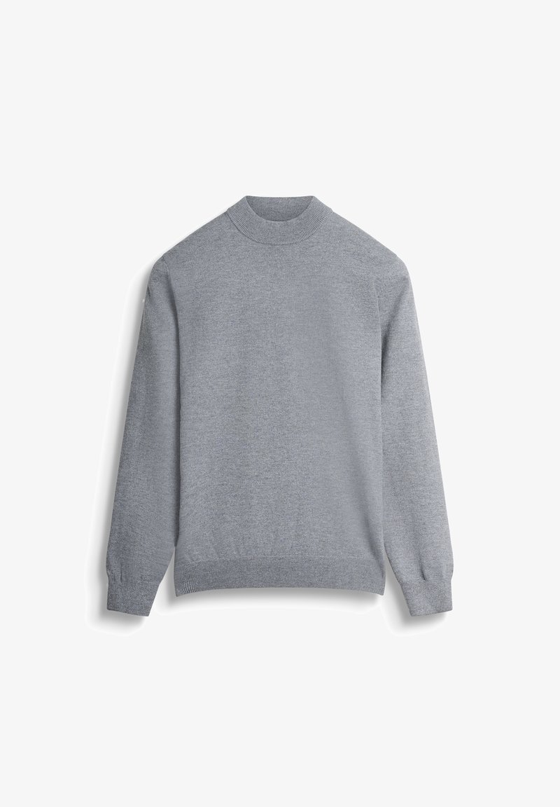 Felpa grigia chiaro con maniche lunghe, polsi a coste e colletto alto. Tessuto liscio, vestibilità classica e design minimalista senza decorazioni.