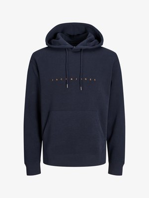 Navy blue hoodie made of soft fabric, featuring a kangaroo pocket, adjustable drawstring hood, and copper-colored logo text across the front.