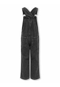 Svart denimoverall med korsryggdesign, justerbara remmar och stora framfickor. Löst passande med vida ben och uppvikta fållar.