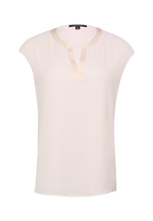 Lichtbeige blouse met korte mouwen, een V-hals, satijnen afwerking en geometrisch patroon. Gemaakt van een gladde, lichte stof.