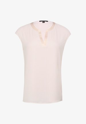 Lichtbeige blouse met korte mouwen, een V-hals, satijnen afwerking en geometrisch patroon. Gemaakt van een gladde, lichte stof.