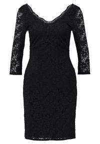 Schwarzes knielanges Spitzenkleid mit 3/4 langen durchsichtigen Ärmeln und weitem Rundhalsausschnitt.
