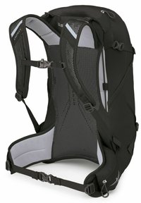 Mochila de malla negra y tela con soporte acolchado, correas ajustables y un diseño curvado. Cuenta con un bolsillo lateral y hardware duradero.