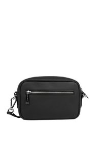 Schwarze rechteckige Umhängetasche aus glattem Leder. Mit einer vorderen Reißverschlusstasche und silberfarbener Hardware. Verstellbarer Schulterriemen für zusätzlichen Komfort.