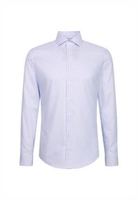 Jasnoniebieska i biała pionowo paskowana koszula z długim rękawem, z zapięciem na guziki, kołnierzykiem w kształcie klina oraz zapiętymi mankietami, prezentowana frontowo.