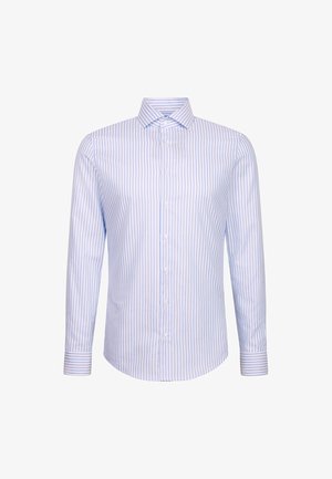 Camicia a maniche lunghe a righe verticali blu chiaro e bianco con colletto a punta e polsini abbottonati, mostrata frontalmente.