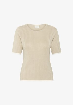 Beige ribbed shirt met korte mouwen en een ronde halslijn. Heeft een witte accentrand aan de mouwen en de zoom, gemaakt van een zachte, gestructureerde stof.