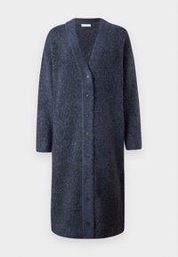 Lang mørkeblå cardigan laget av teksturert stoff med V-hals, frontlukking med knapper og lange ermer. Knapper er svarte og runde.
