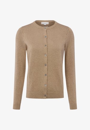 Beige cardigan met een ronde hals, lange mouwen en een sluiting met zilverkleurige knopen aan de voorkant. Soepele breistructuur en geribbelde zoom.