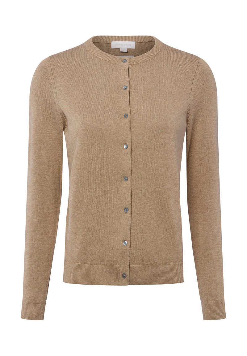 Beige cardigan met een ronde hals, lange mouwen en een sluiting met zilverkleurige knopen aan de voorkant. Soepele breistructuur en geribbelde zoom.