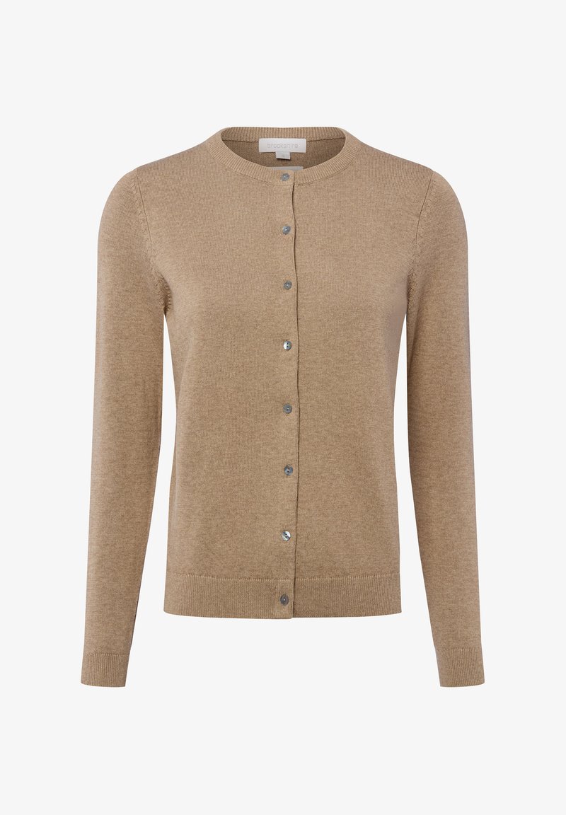 Beige cardigan met een ronde hals, lange mouwen en een sluiting met zilverkleurige knopen aan de voorkant. Soepele breistructuur en geribbelde zoom.