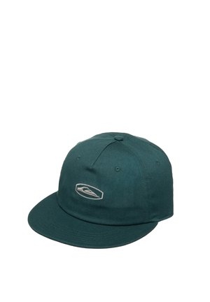 Dark green baseball cap with a curved brim and a small white embroidered logo on the front center.