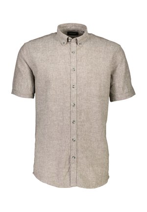Camisa de manga corta, con cuello, en tela de lino color marrón claro con una textura sutil, que presenta botones metálicos y un dobladillo recto.
