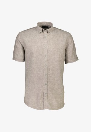 Koszula krótko rękawowa z kołnierzykiem w jasnobrązowym lnianym materiale o subtelnej teksturze, z metalowymi guzikami i prostym dołem.