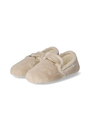 Beige fuzzy slippers with gold-toned hardware accents and a soft, plush texture. The design includes a closed toe and cozy interior lining.
