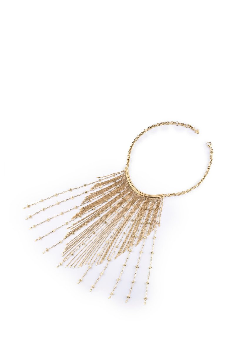 Collier doré présentant un col incurvé avec des chaînes en cascade et des accents en forme d'étoile, créant un effet de frange superposée.
