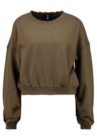 Sudadera corta en verde oliva fabricada con tejido suave. Cuenta con un cuello redondeado, hombros caídos y puños acanalados en las mangas y el dobladillo.