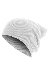 Bonnet tricoté blanc avec une texture côtelée, présentant un design décontracté et un bord roulé pour un ajustement relaxé. Aucune motif ou accent visible.