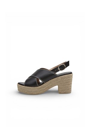 Sandalo nero in pelle con punta aperta, cinturini incrociati, tacco a blocco con suola piatta intrecciata e cinturino regolabile alla caviglia con fibbia.