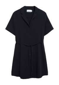 Schwarzes Kurzarmkleid mit Hemdkragen, Knopfverschluss und gebundenem Taillengürtel. Aus strukturiertem Stoff mit lockerer Passform.