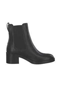 Bottine en cuir noir avec une texture lisse, des panneaux latéraux élastiques et un talon bloc. Inclut une languette à l'arrière pour un enfilage facile.