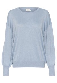 Pull tricoté bleu clair à manches longues avec encolure ronde et poignets côtelés, présentant un subtil éclat métallique et une coupe décontractée.