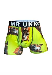 Herrars boxer shorts med svart midjeband märkt "MR UKKO." Neongrön tyg med flera frontala bilder av hästhuvuden.
