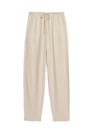 Lichtbeige linnen broeken met een relaxte pasvorm, voorzien van een elastische tailleband met koord, zijzakken en een soepele textuur.