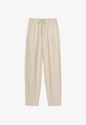 Helle beige Leinenhosen mit lässiger Passform, ausgestattet mit einem elastischen Bund mit Kordelzug, seitlichen Taschen und einer glatten Textur.