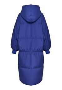 Duga plava puffer jakna s kapuljačom, širokim rukavima, elastičnim strukom i teksturiranim, kvačastim dizajnom. Glatka, sjajna tkanina.