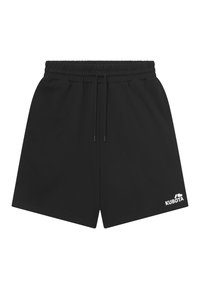 Czarne szorty wykonane z miękkiego materiału z elastycznym paskiem w talii, regulowanym sznurkiem i białym logo "KUBOTA" na dolnym lewym boku.