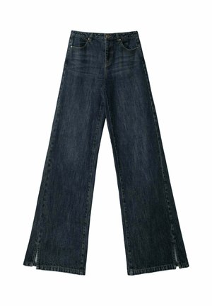 Vaqueros de mezclilla oscura de pierna ancha con cintura alta, que cuentan con bolsillos delanteros, sutiles desgastados y aberturas laterales en el dobladillo para un detalle adicional.